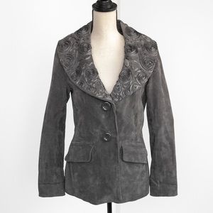 Suede leather jacket wide lapel trim details charcoal gray Bradley Bayou XS